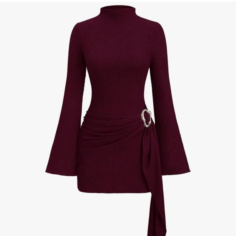 Burgundy Mock Neck Mini Dress with Decorative Buckle Worn Once - Picture 1 of 4